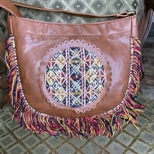 Raj Brown Hobo Boho Fringe Embroidery Shoulder Bag Purse